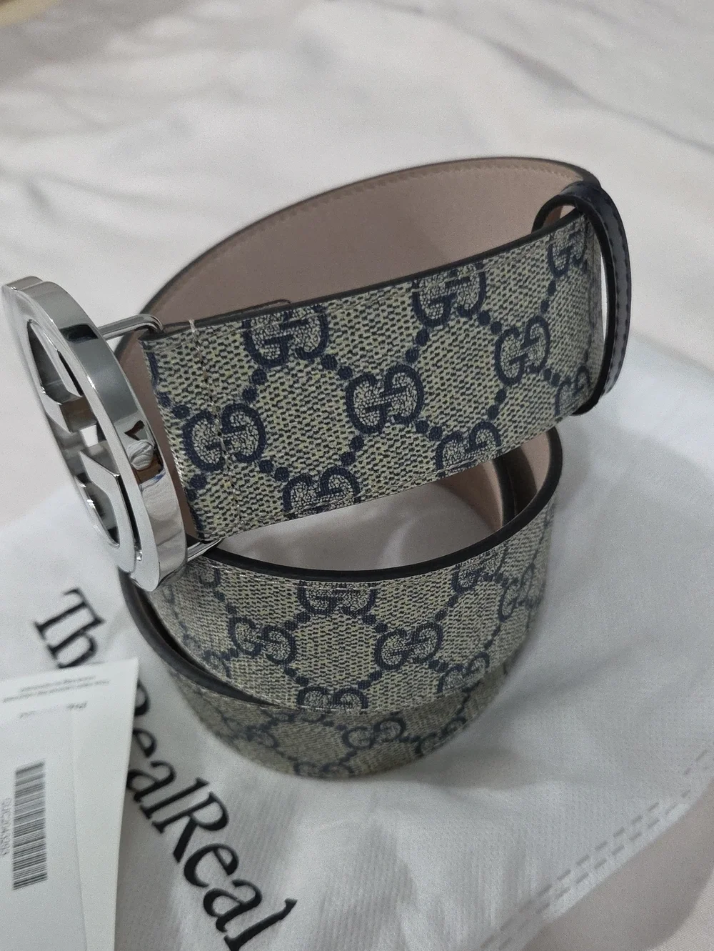 Gucci GG Supreme Monogram Belt with Silver Double G Buckle Beige/Navy